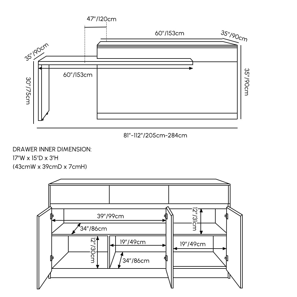 Îlot de cuisine extensible en bois de 81'' à 112'' avec rangement, Naturel et Blanc Poids, dimensions, image