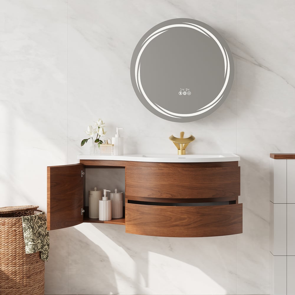 Floating Curved Bathroom Vanity & Round LED Medicine Cabinet Set Right Offset window image