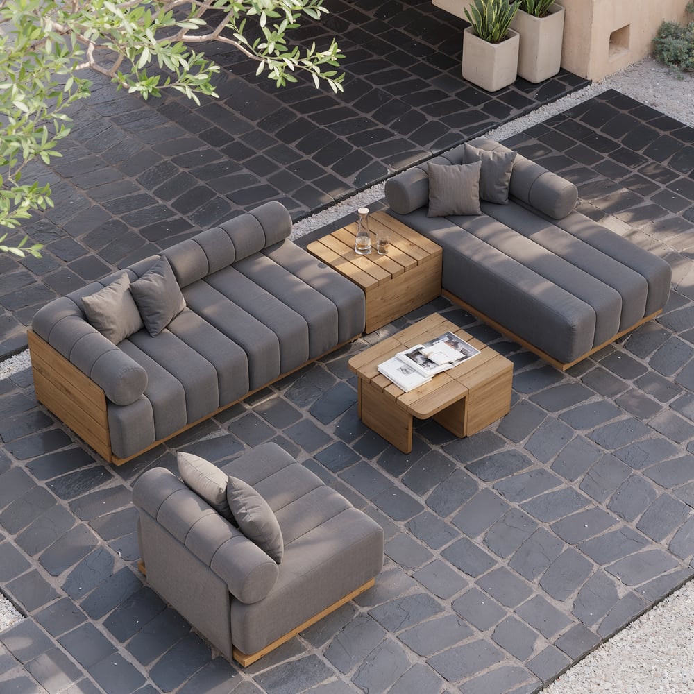 Ensemble de canapé modulaire d'extérieur 7 pièces Resaro en teck naturel avec dossier cannelé gris foncé image de fenêtre