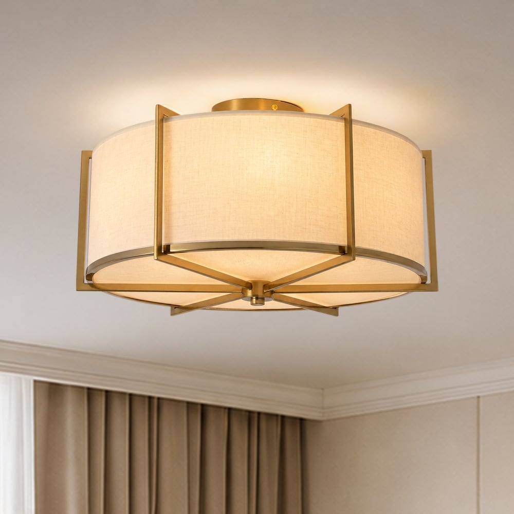 18" Fabric Flush Mount Light in Gold Finish, 3-Light window image