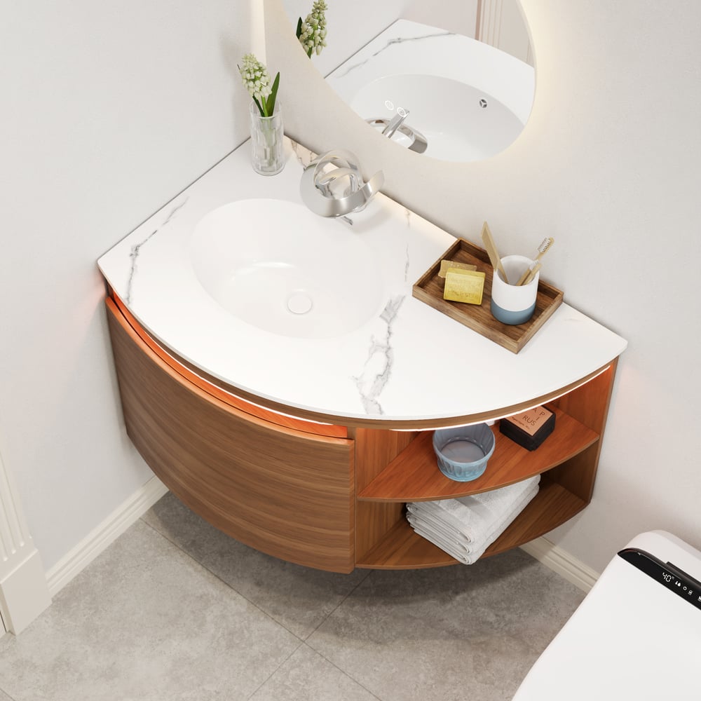 Meuble-lavabo de salle de bain d'angle de 91cm avec rangement et capteur de lumière à DEL image de fenêtre