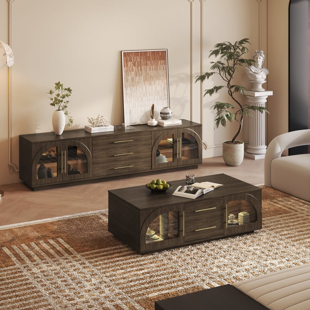 Arune 80" Arched Glass Doors Smoked Brown TV Stand with Storage and LED window image