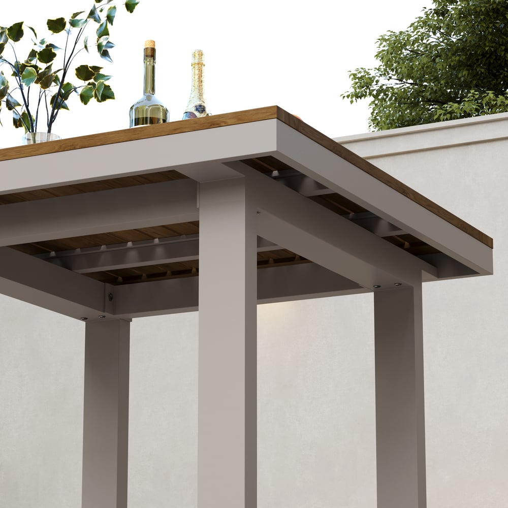 Tevara Outdoor Square Bar Table with Teak Wood Slat Top & Aluminum Frame in Sand window image