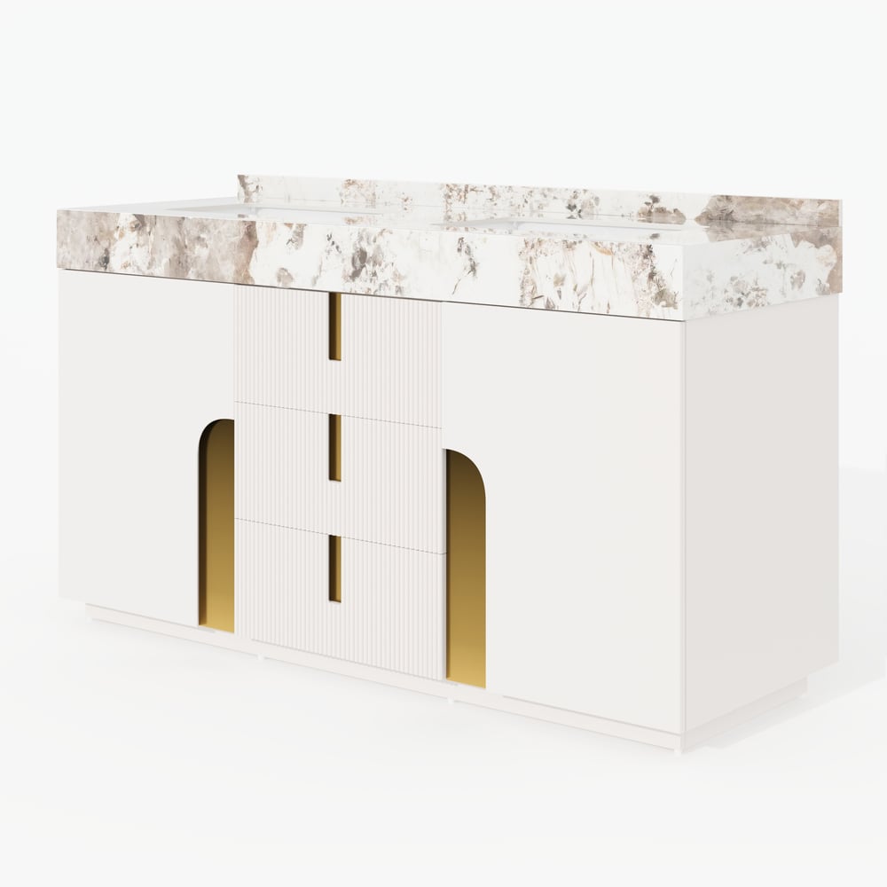 Tocador de baño doble flotante Artis de 60 pulgadas con lavabo, encimera de piedra sinterizada, amplio almacenamiento Imagen de ventana