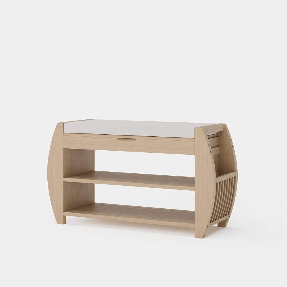 Banc d'entrée de rangement pour chaussures en placage de bois blanchi de 32 pouces avec porte-chaussures image de fenêtre