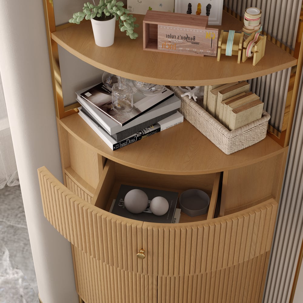 Modern 75" Natural Etagere Corner Bookshelf with Drawer and 2-Door Cabinet window image