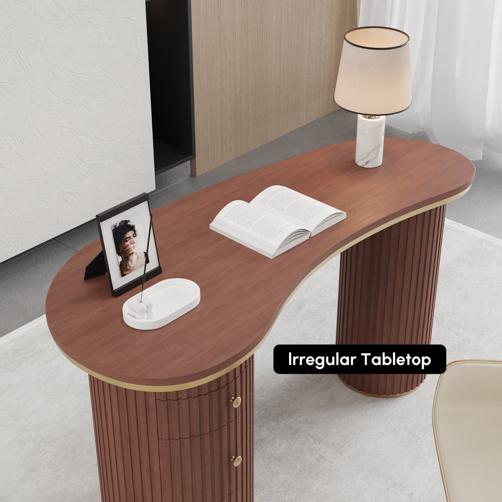 Walnut Curved Wooden Office Desk & Adjustable Swivel Executive Chair in Beige & Gold window image