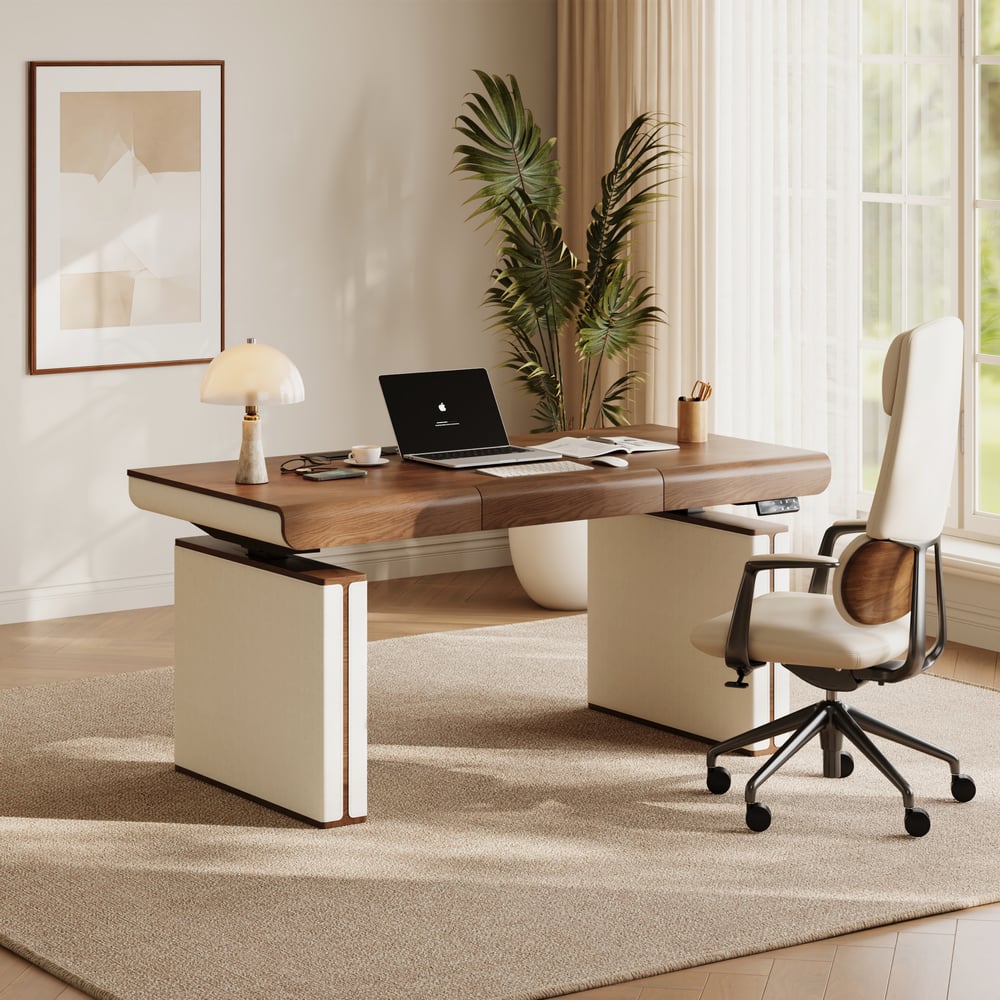 160 cm Height Adjustable Electric Standing Desk with Walnut Top and Leather-Wrapped Legs window image