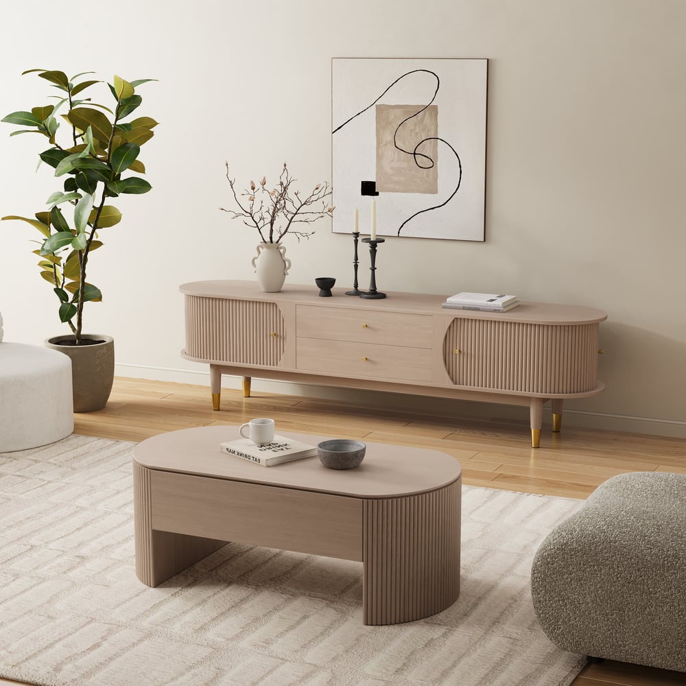 80" Ash Wood Fluted Whitewash TV Stand with Storage window image