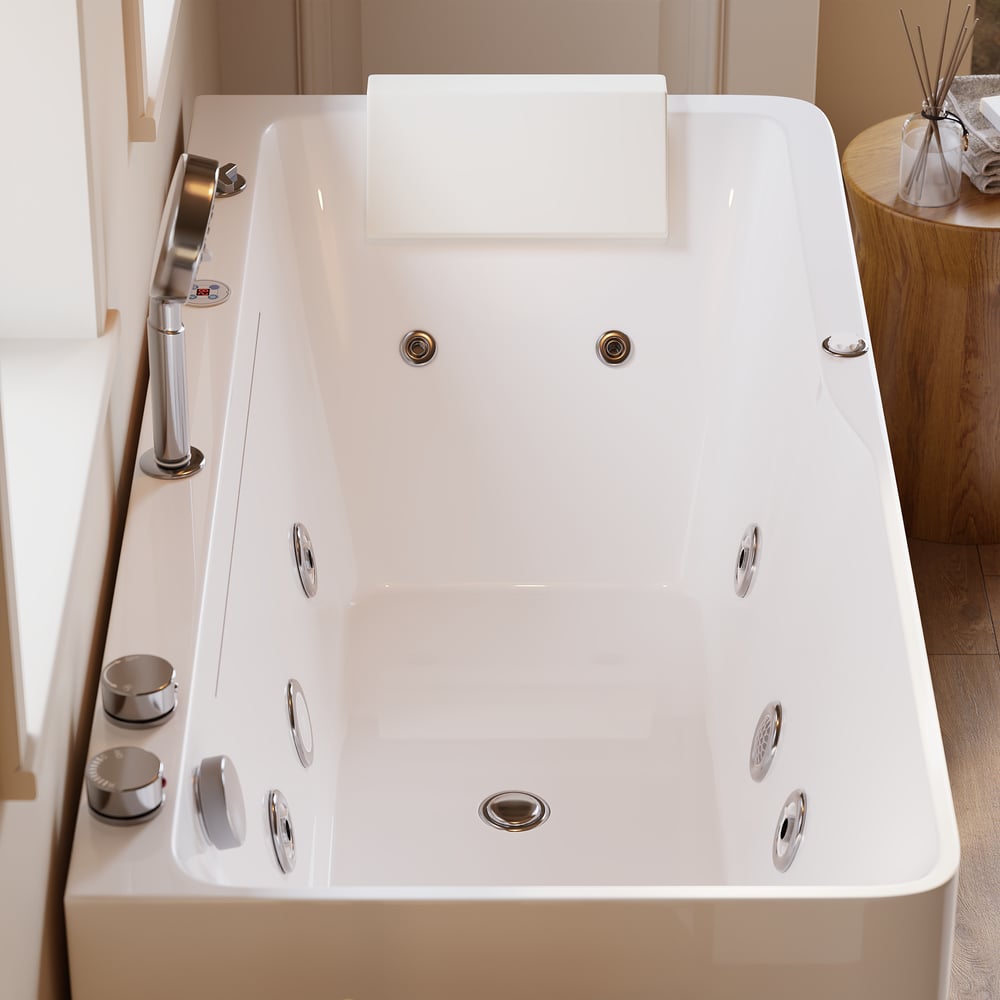 Baignoire balnéo de 150 cm avec contrôle thermostatique, jets de massage et éclairage LED image de fenêtre