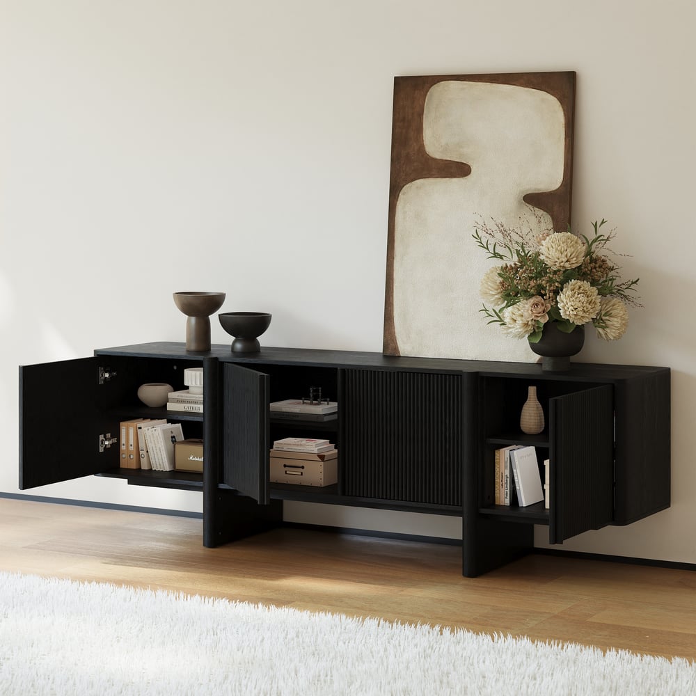 80" Solid Wood Fluted Black TV Stand with Cabinets window image
