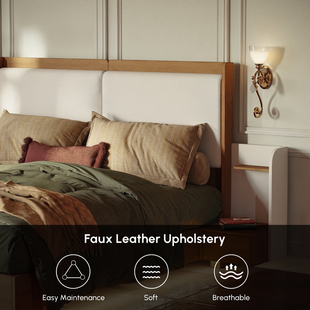 King Solid Wood Bed with Leather Extended Headboard & Floating Smart Nightstand Set window image