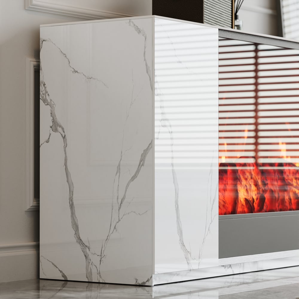 Ensemble meuble TV avec foyer électrique et table basse en pierre frittée de 71" image de fenêtre