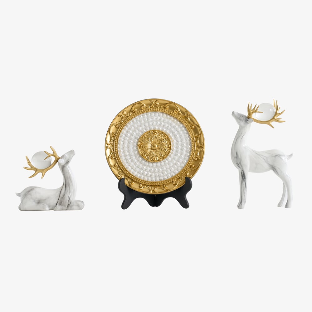 3 pcs Golden Deer Figurine with Decorative Plate Set, Luxury Resin Animal Sculptures window image