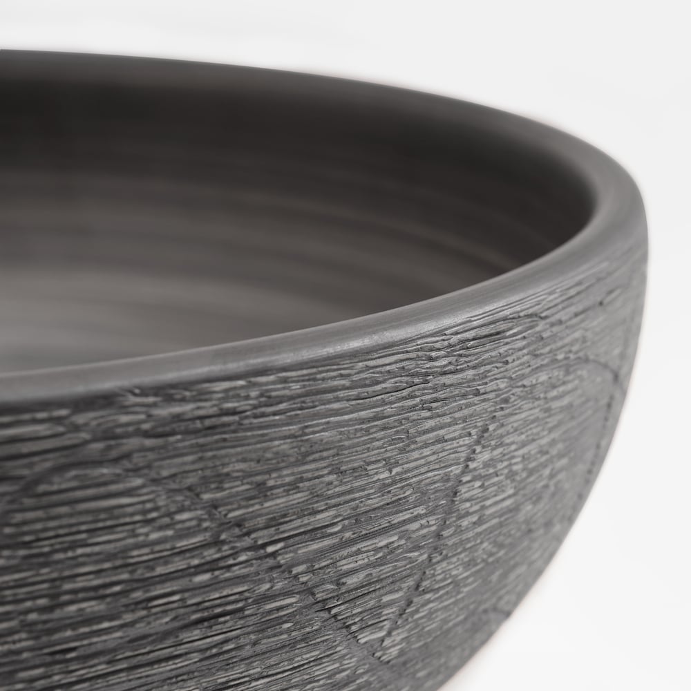 Vasque de salle de bain ronde en céramique grise de 40cm – évier à poser avec glaçure mate image de fenêtre