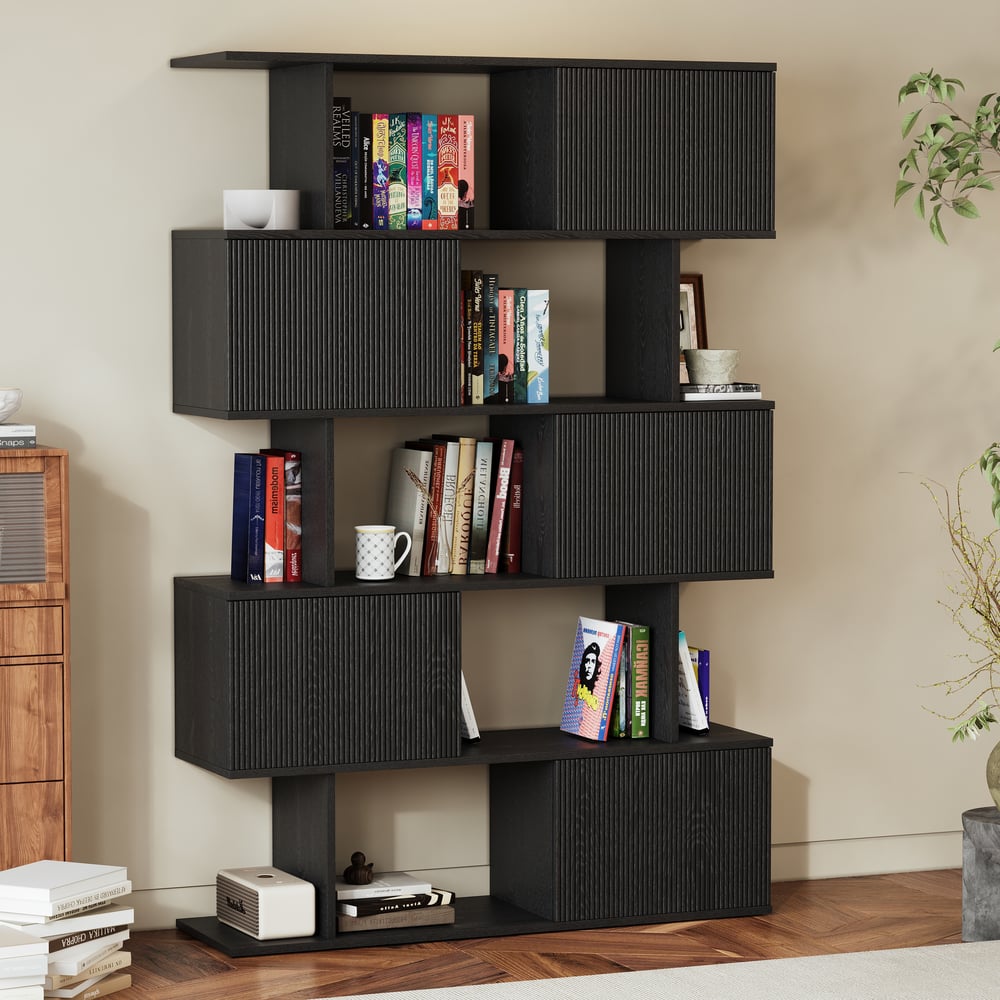 72.8" Black Sliding Door Etagere Bookshelf 5-Shelf Tall Book Shelf Rich Storage window image