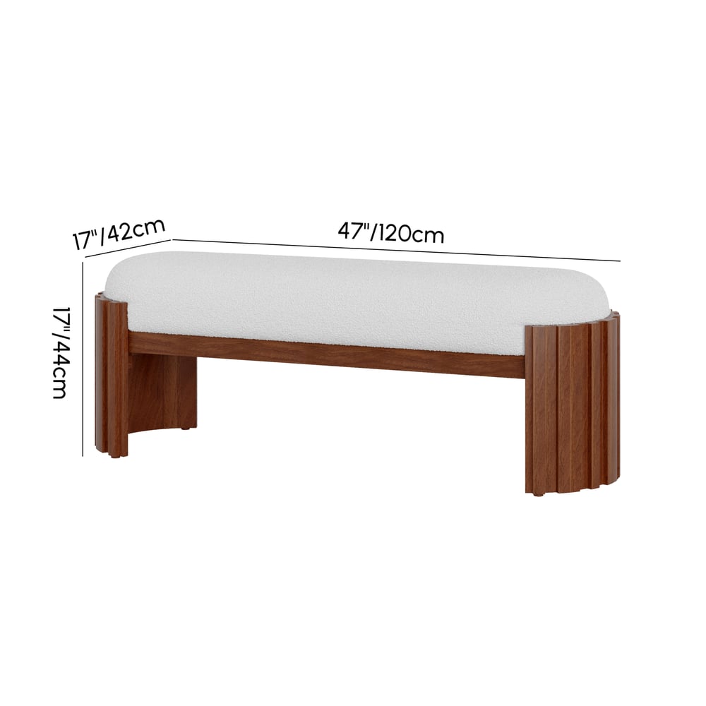Aura 47” Walnut Wooden Boucle Upholstered Entryway Bench weights dimensions image