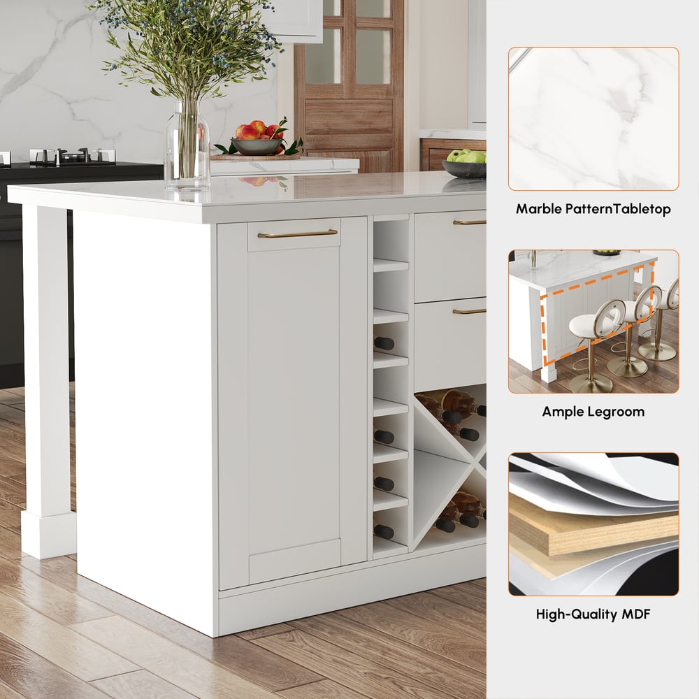59" Modern White Sintered Stone Kitchen Island with Wine Storage window image