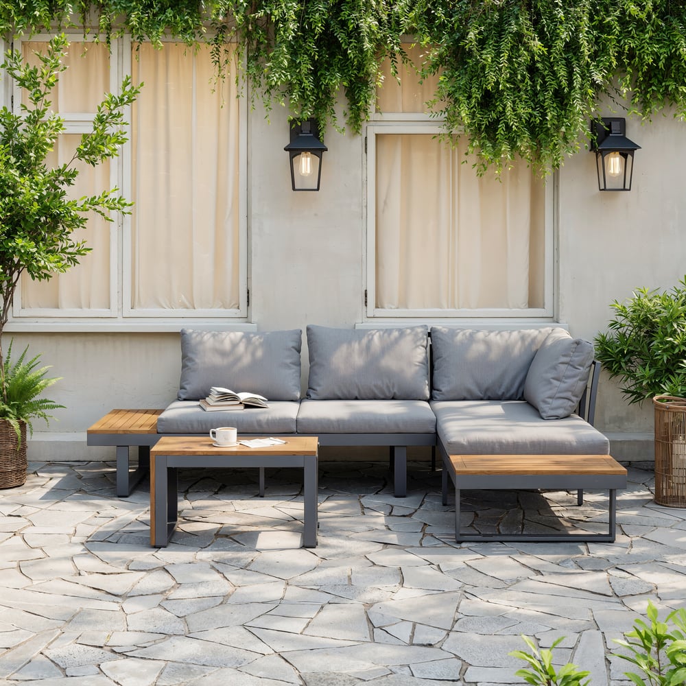 Ensemble de canapé modulaire d'extérieur Slatera en acacia et aluminium, gris foncé avec housse noire image de fenêtre