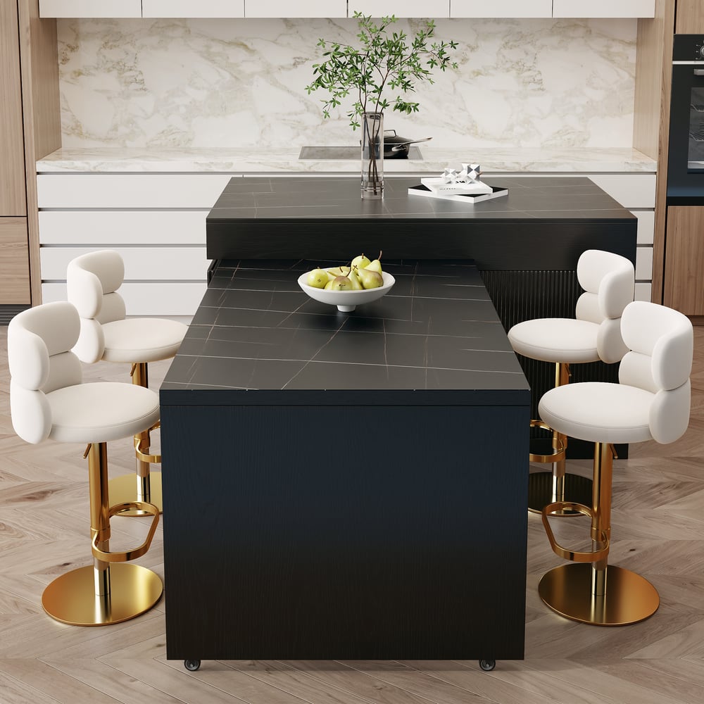 Îlot de cuisine extensible en pierre frittée mate de 81''-112" avec rangement, Noir image de fenêtre