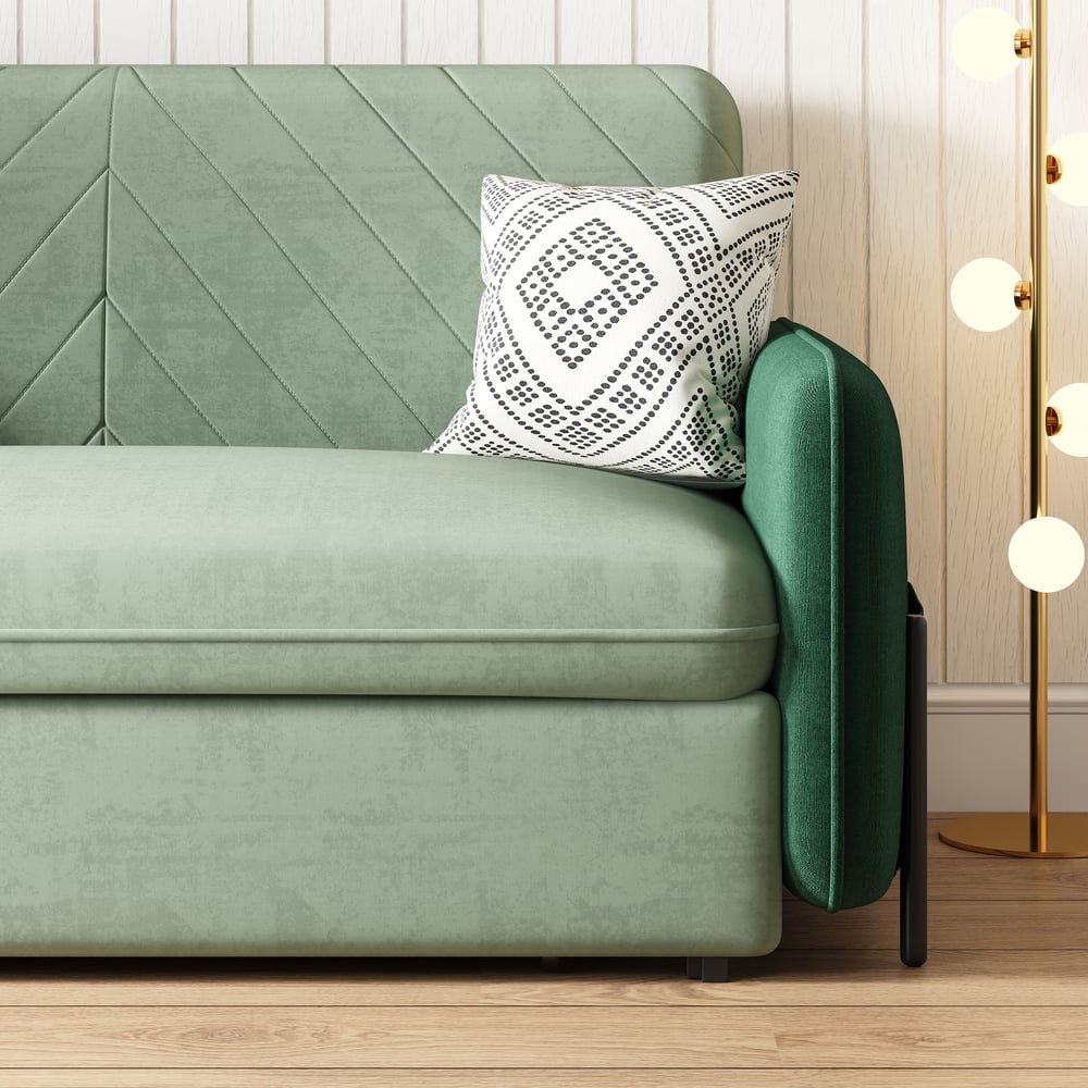 170 cm 2-Seater Green Velvet Convertible Sleeper Sofa with Storage & Pillows window image