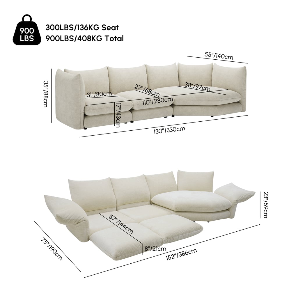 130" 3-Piece Chenille Sectional Sofa with Chaise and Adjustable Armrests & Backrest weights dimensions image