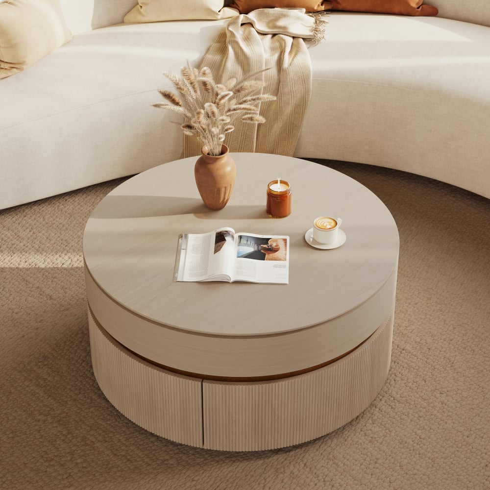Table basse ronde à plateau relevable cannelé de 32 pouces avec 2 tiroirs image de fenêtre