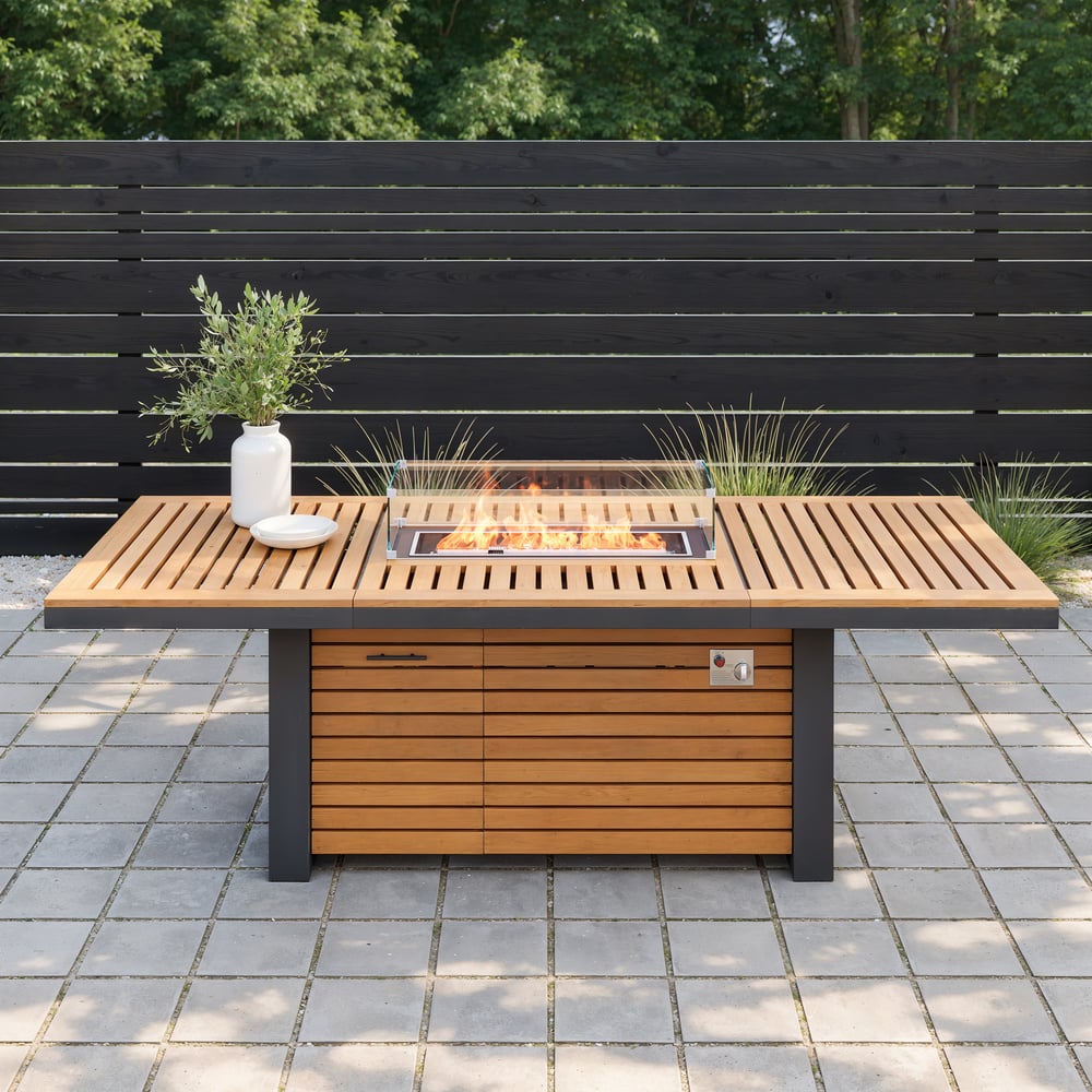 Axis 94.5" Outdoor Propane Fire Pit Dining Table with Hidden Tank & Wind Shield window image