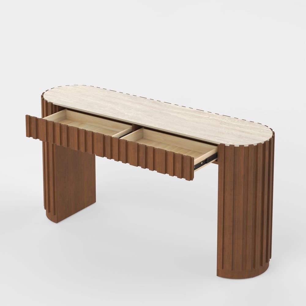 Aura 60" Ash Wood Fluted Walnut Console Table With SIntered Stone Top window image