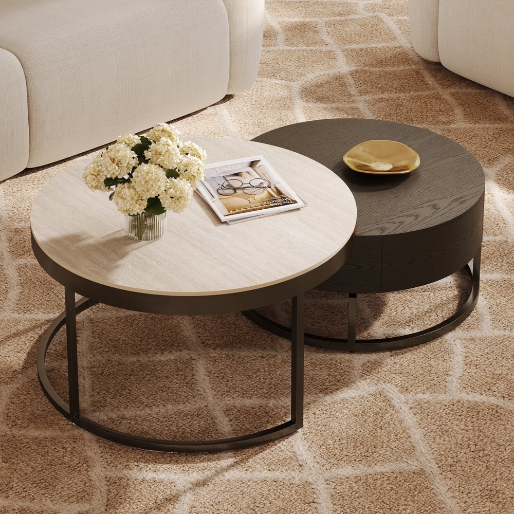 Ensemble de 2 tables basses gigognes rondes Nesnesis de 28" à 32" en noyer avec plateau en pierre frittée image de fenêtre