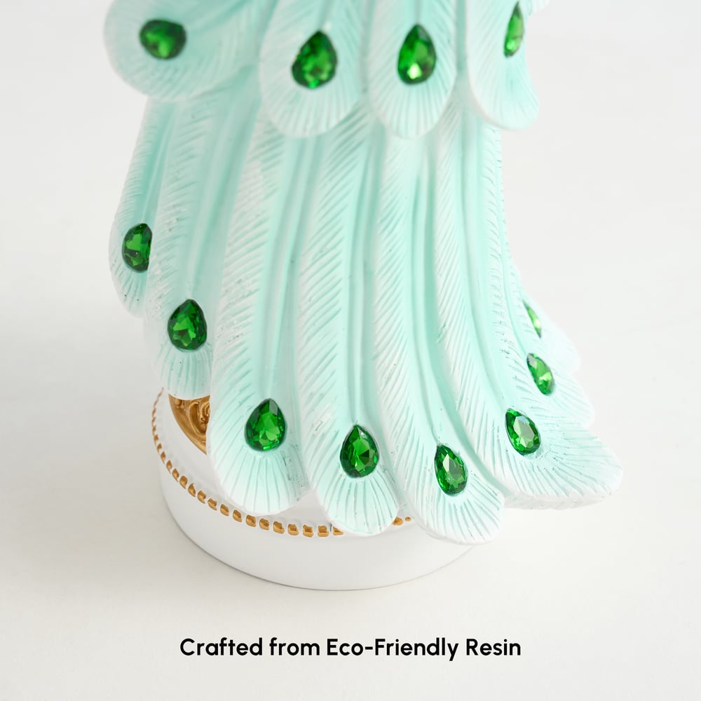 Estátua de Pavão de Resina de Luxo de 27" com Acentos de Cristal – Escultura Elegante para Decoração de Casa Imagem da janela