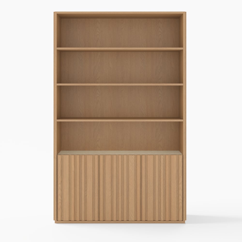 Aura 120cm Boekenkast van Essenhout met Gegroefde Details en Blad van Sintersteen Vensterafbeelding