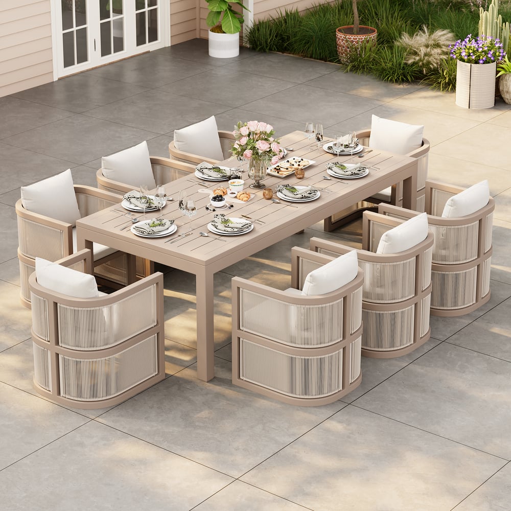 Wevara 87" Sand-Finished Aluminum Slatted Outdoor Dining Table in Sand window image