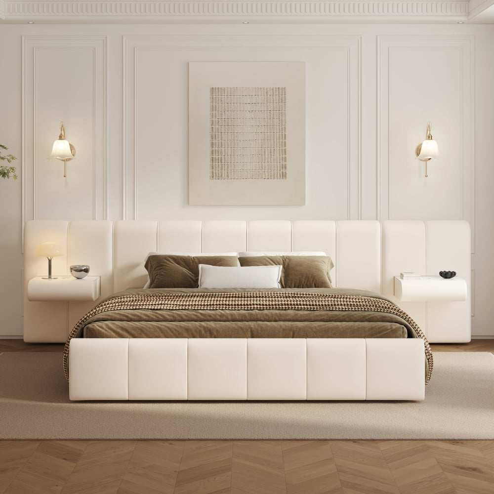 Humply King Size Upholstered Bed with Wide Headboard & Floating Smart Nightstand Set window image