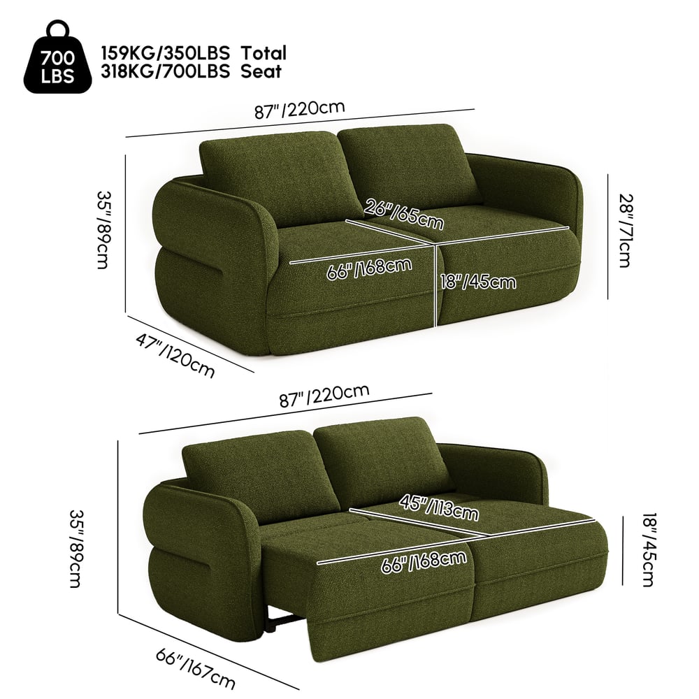Modern 220cm 2-Seater Chenille Power Convertible Sleeper Sofa with Remote Control weights dimensions image