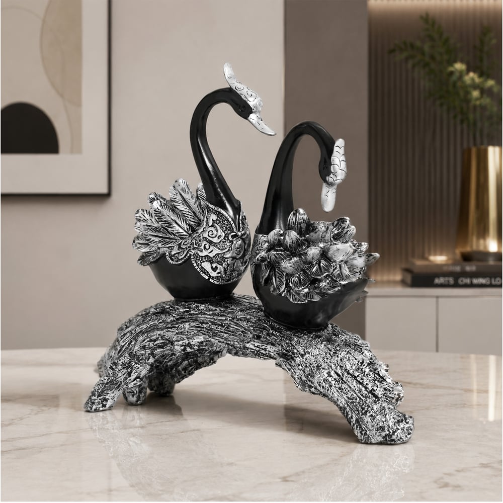 Sculpture de couple de cygnes en résine noir et argent pour décoration de table image de fenêtre