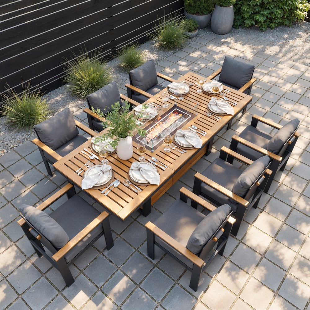 Axis 94.5" Outdoor Propane Fire Pit Dining Table with Hidden Tank & Wind Shield window image