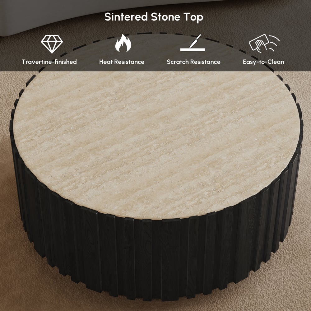 Aura 35" Round Black Slatted Sintered Stone Coffee Table with 2 Drawers window image