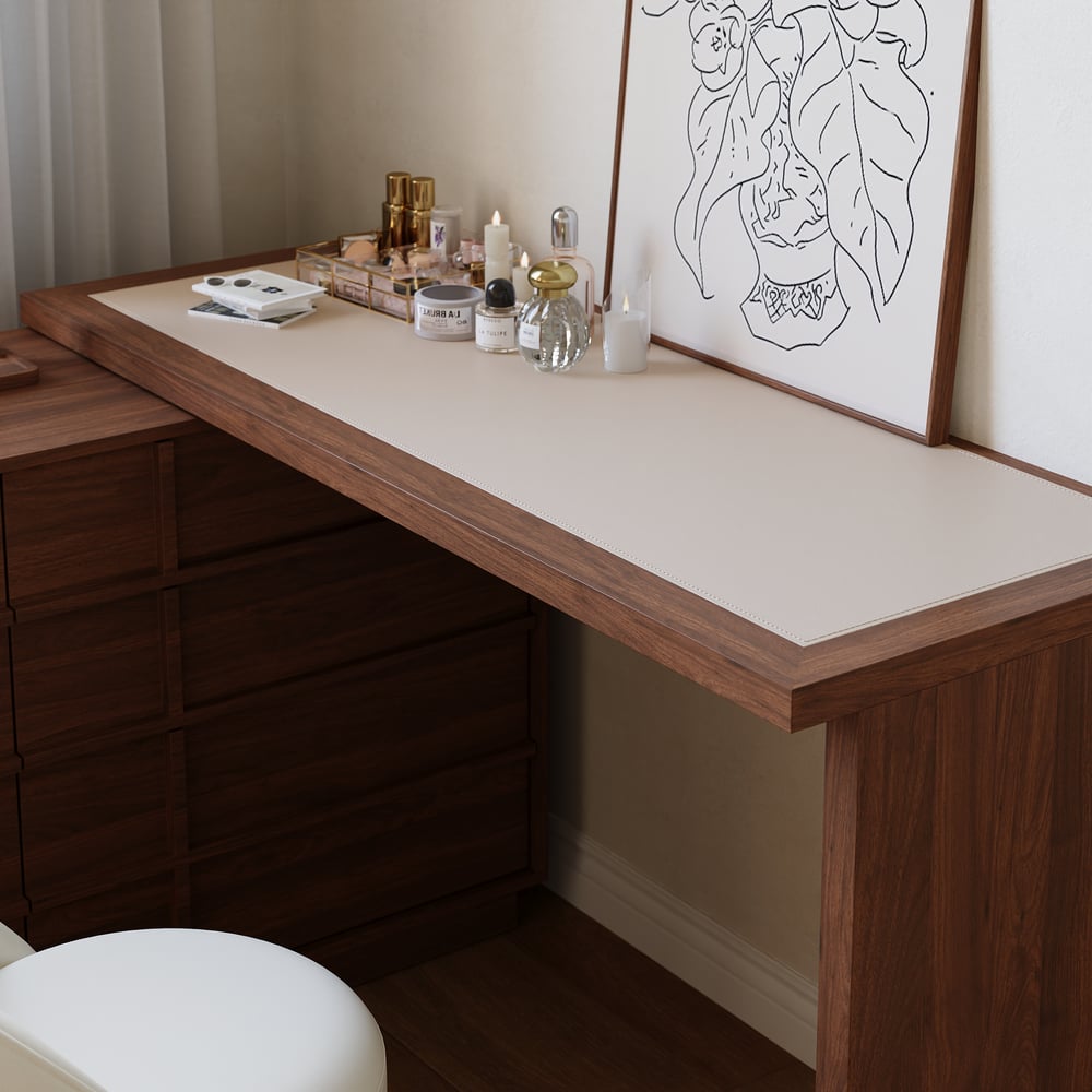 Panvyr Wooden Extendable L-Shaped Makeup Vanity Dresser with Vanity Mirror (49"–94") window image