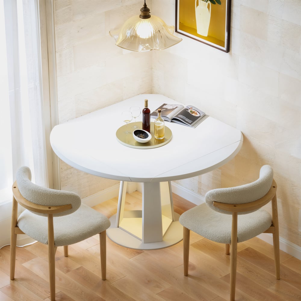 36"-47" Solid Matte Warm White Wood Extendable Dining Table with Light window image