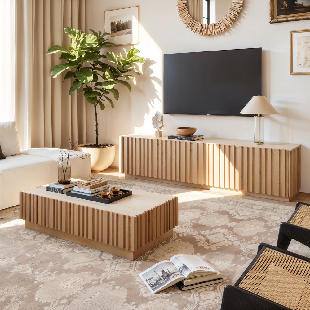 Table basse à lattes Aura 47" en bois de frêne avec plateau en pierre frittée image de fenêtre