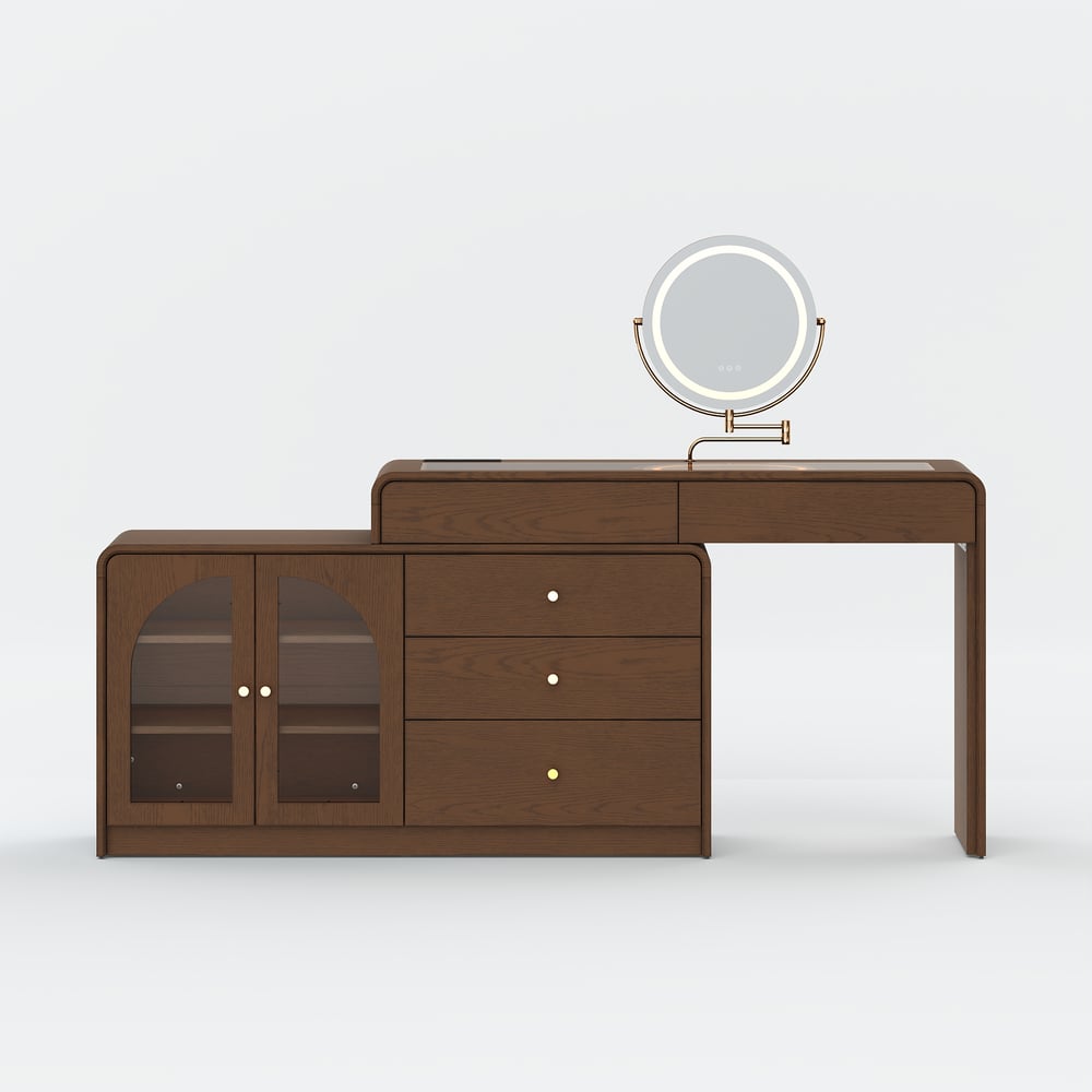 Mid Century Modern Extendable L-Shaped Makeup Vanity Dresser with LED Mirror(49"–91") window image