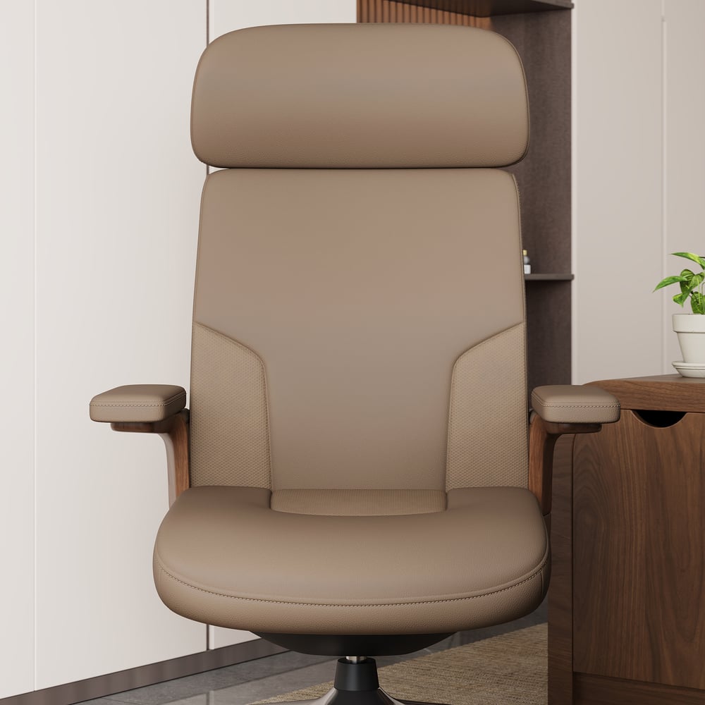 Khaki Genuine Leather Swivel Office Chair with Ergonomic Synchro-Tilt Recline System window image