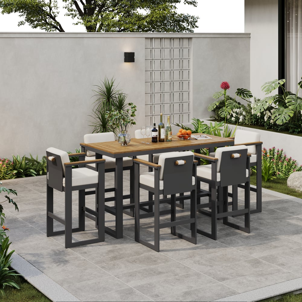 Tevara Teakhouten Moderne Outdoor Bar Set Donkergrijs Frame & Warm Wit Kussen Vensterafbeelding