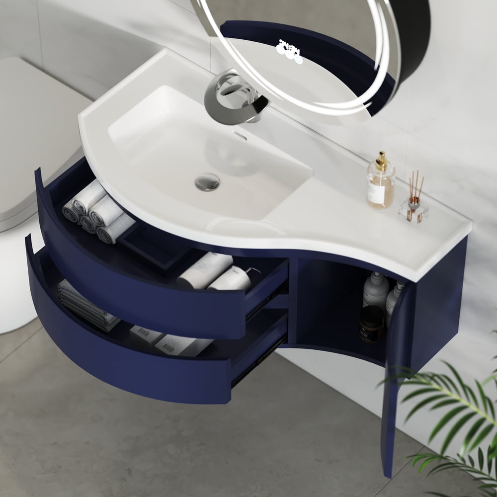 35" Navy Floating Single Curved Bathroom Vanity with Sink & Storage window image