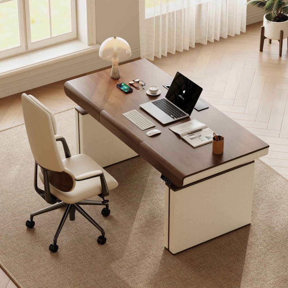 160 cm Height Adjustable Electric Standing Desk with Walnut Top and Leather-Wrapped Legs window image
