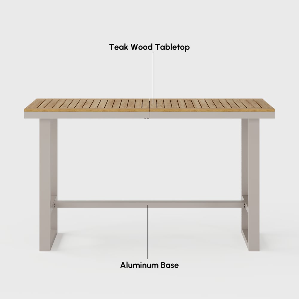 Tevara Outdoor Teak Wood Slat Top & Sand Aluminum Frame Bar Table for Patio window image