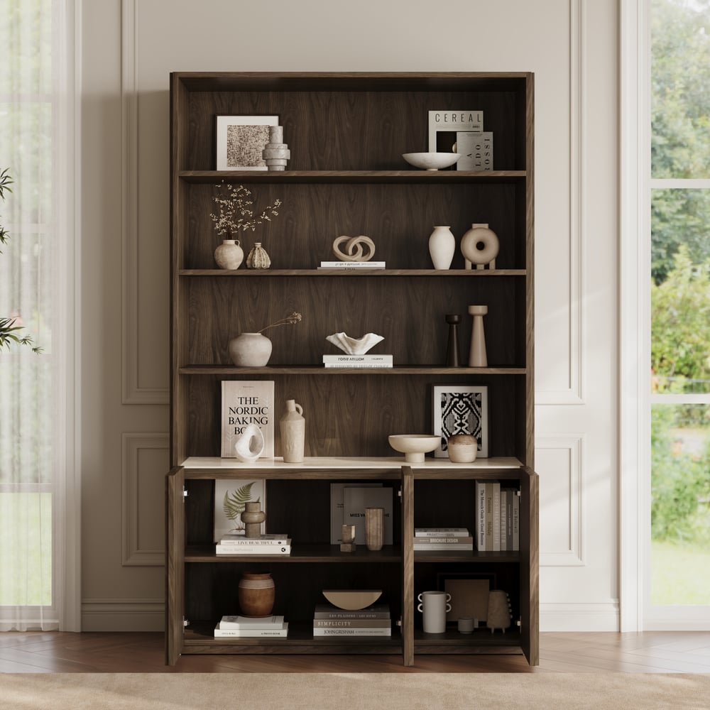 Aura 47" Ash Wood Fluted Bookcase With Sintered Stone Top window image