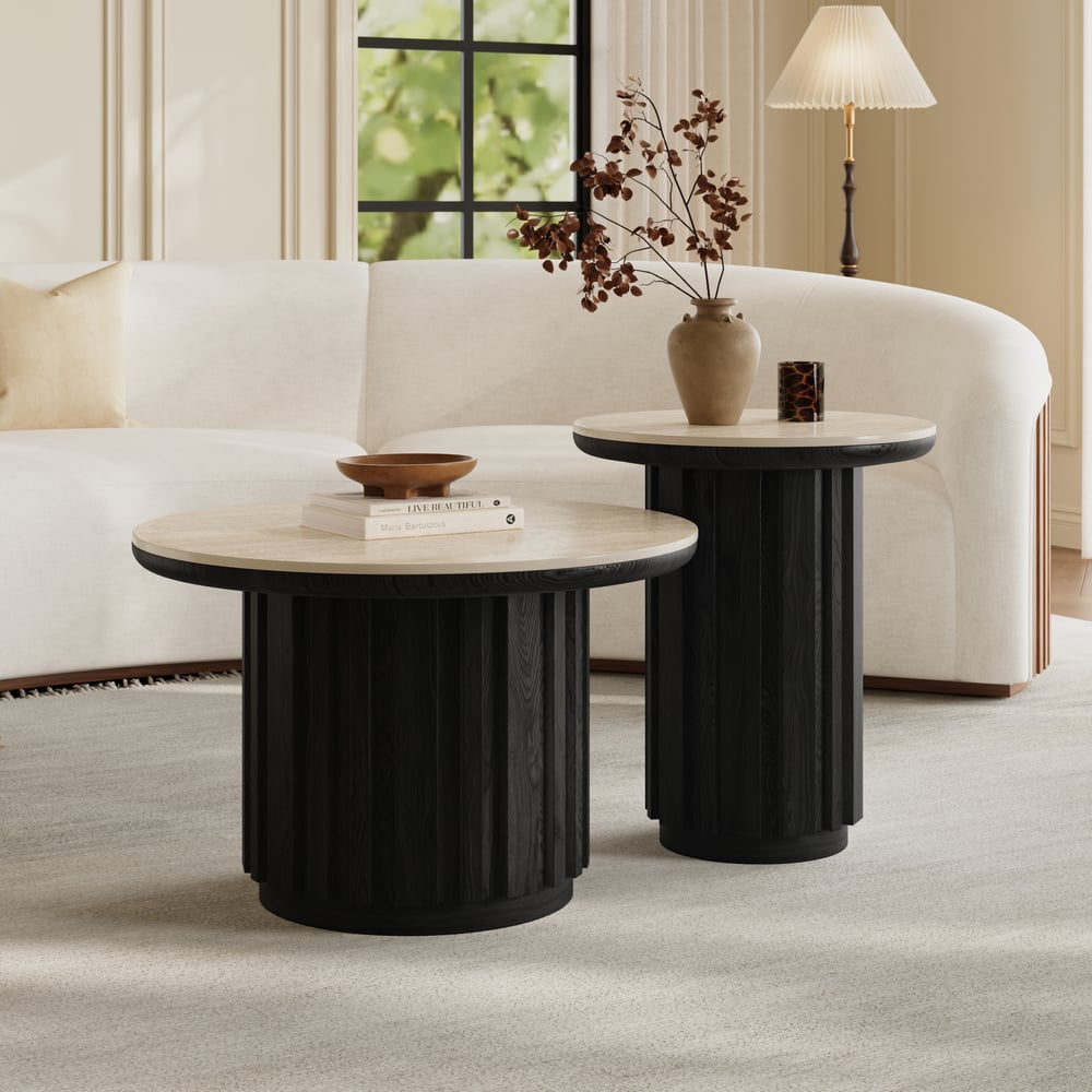 Aura 2 Piece Set Ash Wood Slatted  Round Coffee Table with Sintered Stone Top(20" - 28") window image