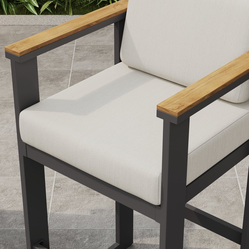 Tevara Outdoor Aluminum Frame & Teak Wood Armrest Bar Stools in Warm White, Set of 2 window image